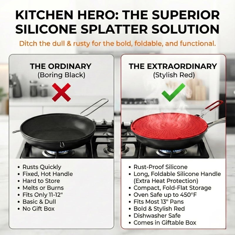 Allumerous Store Silicone Splatter Screen for Frying Pan | Red 13"| No More Oil Splatters | Foldable Handle w/Sleeves, Heat-Resistant, Dishwasher-Safe | Versatile Tool Fits 10"–12″ Pans (Most 13″ Skillets Compatible) - Image 4